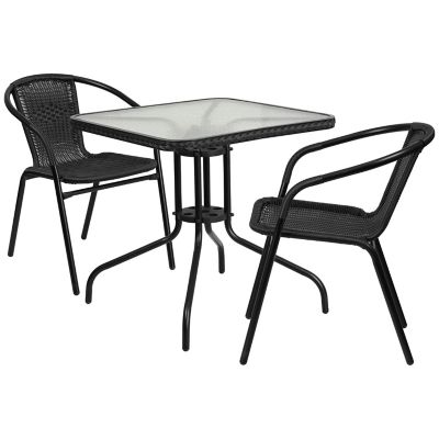 Image showing  3 pc. 28 in. Square Glass Metal Table with Rattan Edging and 2 Rattan Stack Chairs