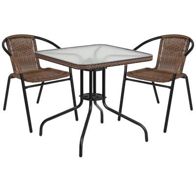 Image showing  3 pc. 28 in. Square Glass Metal Table with Rattan Edging and 2 Rattan Stack Chairs
