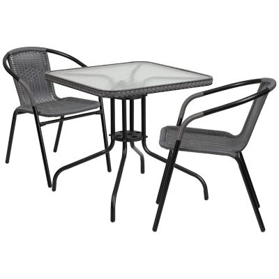 Image showing  3 pc. 28 in. Square Glass Metal Table with Rattan Edging and 2 Rattan Stack Chairs