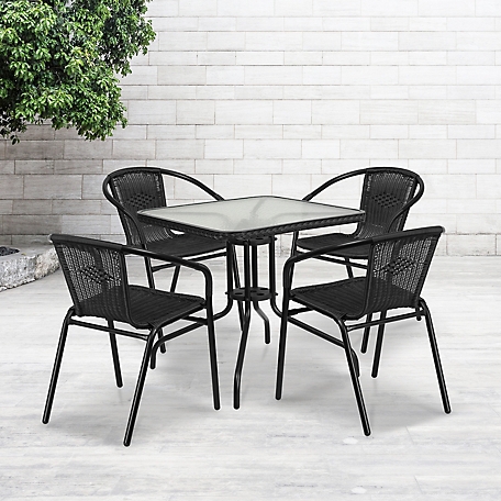 Flash Furniture 5 pc. Square Glass Metal Table with Rattan Edging and 4 Rattan Stack Chairs, 28 in.