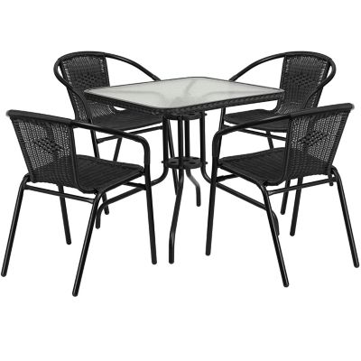 Image showing 1 th Flash Furniture 5 pc. Square Glass Metal Table with Rattan Edging and 4 Rattan Stack Chairs, 28 in.