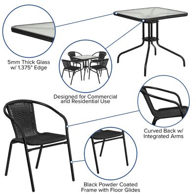 Image showing 3 th Flash Furniture 5 pc. Square Glass Metal Table with Rattan Edging and 4 Rattan Stack Chairs, 28 in.