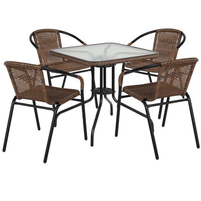 Image showing  5 pc. Square Glass Metal Table with Rattan Edging and 4 Rattan Stack Chairs, 28 in.