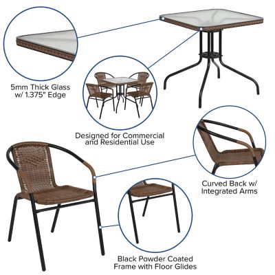 Image showing  5 pc. Square Glass Metal Table with Rattan Edging and 4 Rattan Stack Chairs, 28 in.
