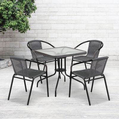 Flash Furniture 5 pc. Square Glass Metal Table with Rattan Edging and 4 Rattan Stack Chairs, 28 in.