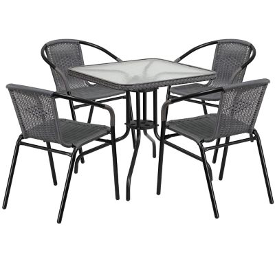 Image showing  5 pc. Square Glass Metal Table with Rattan Edging and 4 Rattan Stack Chairs, 28 in.