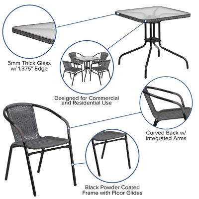 Image showing  5 pc. Square Glass Metal Table with Rattan Edging and 4 Rattan Stack Chairs, 28 in.