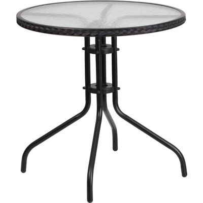 Flash Furniture Round Tempered Glass Metal Table with Rattan Edging, 28-3/4 in. x 28 in.