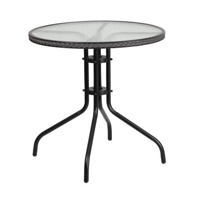 Flash Furniture Round Tempered Glass Metal Table with Rattan Edging, 28-3/4 in. x 28 in.