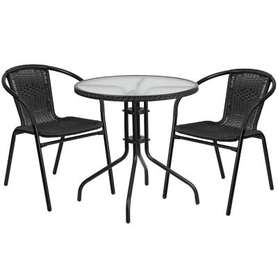 Image showing  3 pc. 28 in. Round Glass Metal Table with Rattan Edging and 2 Rattan Stack Chairs