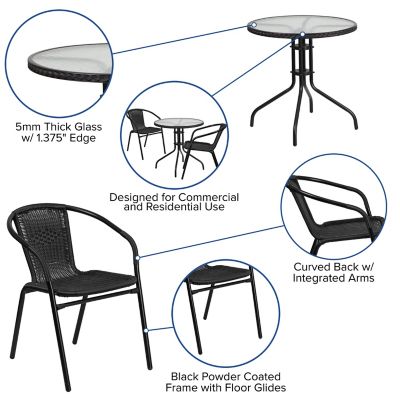 Image showing  3 pc. 28 in. Round Glass Metal Table with Rattan Edging and 2 Rattan Stack Chairs