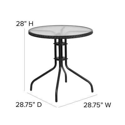 Image showing  3 pc. 28 in. Round Glass Metal Table with Rattan Edging and 2 Rattan Stack Chairs