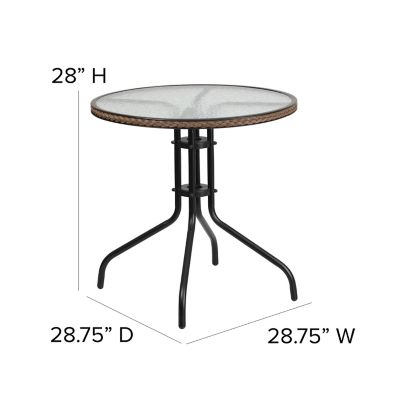 Image showing  3 pc. 28 in. Round Glass Metal Table with Rattan Edging and 2 Rattan Stack Chairs