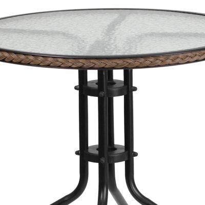 Image showing 5 th Flash Furniture 3 pc. 28 in. Round Glass Metal Table with Rattan Edging and 2 Rattan Stack Chairs