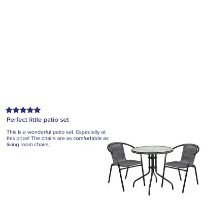 Image showing  3 pc. 28 in. Round Glass Metal Table with Rattan Edging and 2 Rattan Stack Chairs