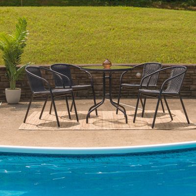 Flash Furniture 5 pc. Round Glass Metal Table with Rattan Edging and 4 Rattan Stack Chairs, 28 in.