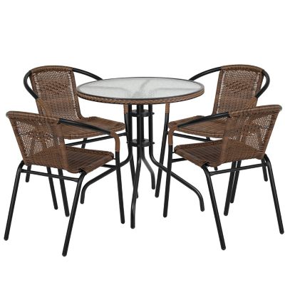 Image showing  5 pc. Round Glass Metal Table with Rattan Edging and 4 Rattan Stack Chairs, 28 in.