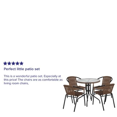 Image showing  5 pc. Round Glass Metal Table with Rattan Edging and 4 Rattan Stack Chairs, 28 in.