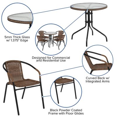 Image showing  5 pc. Round Glass Metal Table with Rattan Edging and 4 Rattan Stack Chairs, 28 in.