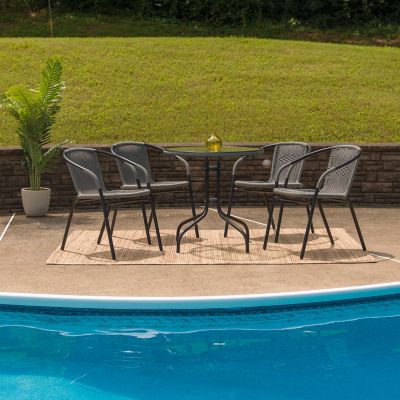 Flash Furniture 5 pc. Round Glass Metal Table with Rattan Edging and 4 Rattan Stack Chairs, 28 in.