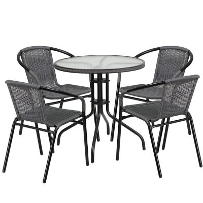 Image showing  5 pc. Round Glass Metal Table with Rattan Edging and 4 Rattan Stack Chairs, 28 in.