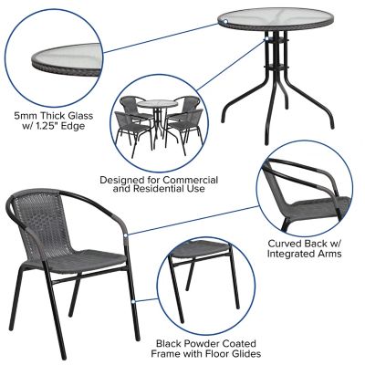 Image showing  5 pc. Round Glass Metal Table with Rattan Edging and 4 Rattan Stack Chairs, 28 in.