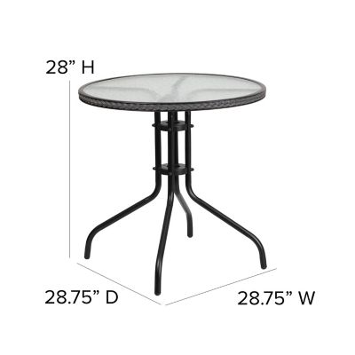 Image showing  5 pc. Round Glass Metal Table with Rattan Edging and 4 Rattan Stack Chairs, 28 in.