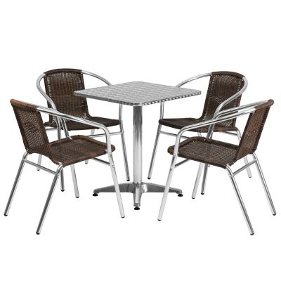Flash Furniture 5 pc. Square Aluminum Indoor/Outdoor Table Set with 4 Rattan Chairs, 23.5 in.