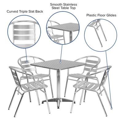 Image showing  5 pc. Square Aluminum Indoor/Outdoor Table Set with 4 Slat Back Chairs, 27.5 in.