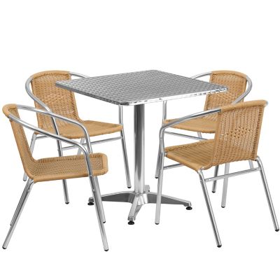 Flash Furniture 5 pc. Square Aluminum Indoor/Outdoor Table Set with 4 Rattan Chairs, 27.5 in.