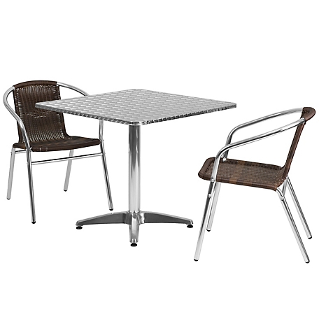 Flash Furniture 3 pc. Square Aluminum Indoor/Outdoor Bistro Set with 2 Rattan Chairs, 31.5 in. x 27.5 in.