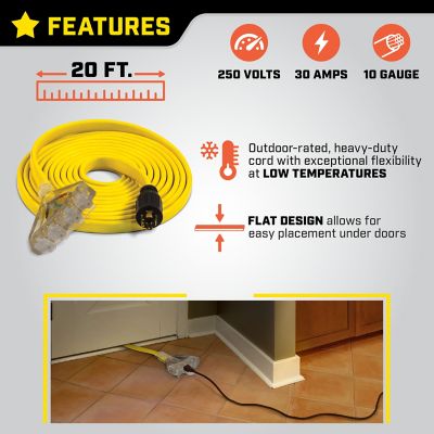 Image showing  20 ft. 125/250V 30A Fan-Style Flat Generator Extension Cord, L14-30P to Four 5-20R