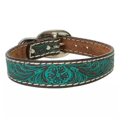 Weaver Leather Dog Collar with Carved Turquoise Flower Dog Basic Collars