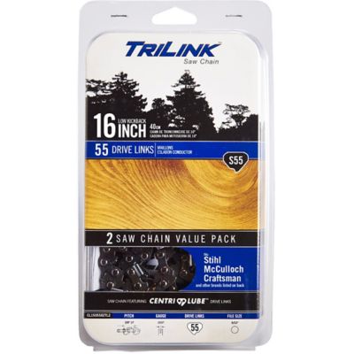 TriLink Saw Chain 16 in. Semi-Chisel Chainsaw Chains, 3/8 in. Pitch, 0.050 in. Gauge, 55 Drive Links, 2-Pack