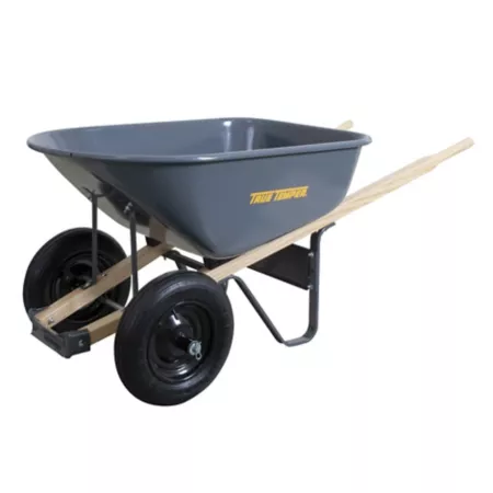 True Temper 6 cu Double wheelbarrow with steel tray and wooden handle 27 in x 25 in x 60 in. Wheelbarrows