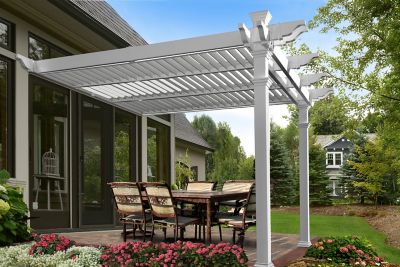 Vita 144 in. L x 141 in. W x 104 in. H Vinyl Elysium Attached Louvered Pergola, White