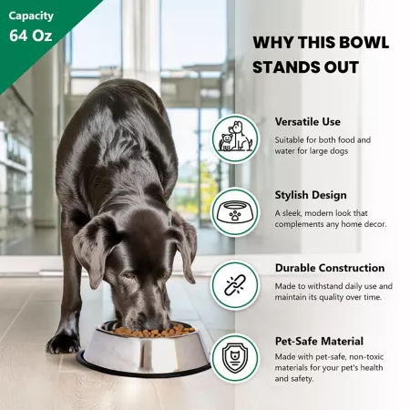 Iconic Pet Non-Slip Stainless Steel Pet Food Bowl 8 Cup 1 Pack Single Dog Bowls