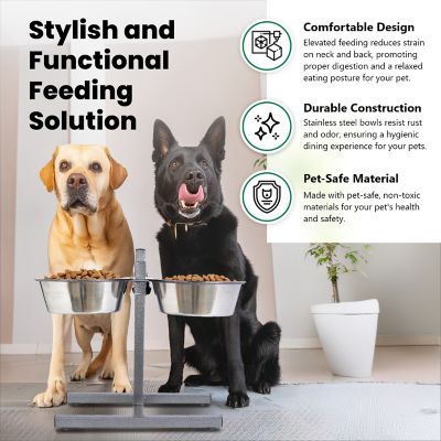 Image showing  20-Cup Adjustable Elevated Stainless Steel Double Diner Dog Bowl Set