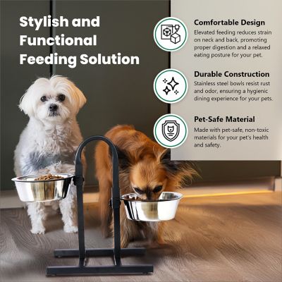 Image showing  8-Cup U-Design Adjustable Elevated Stainless Steel Double Diner Dog Bowl Set
