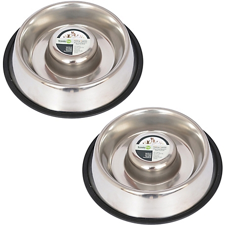 Iconic Pet Slow Feed Stainless Steel Pet Bowls for Dog or Cat, 1.5 Cups, 2-Bowls