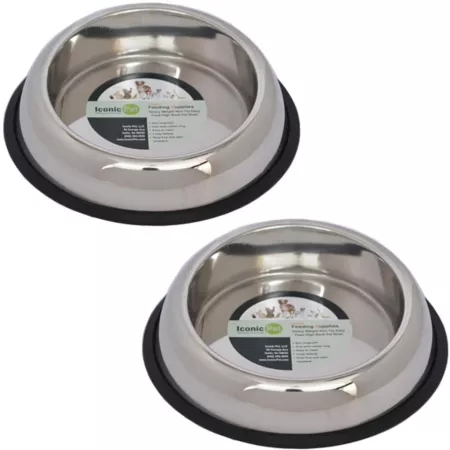 Iconic Pet Heavy Non-Slip Stainless Steel Dog or Cat Bowls Easy Feeding High Back 1 Cup 2 Bowls Double Diners