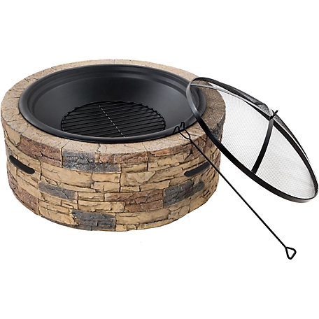 Sun Joe 24 in. Wood-Burning Fire Pit with Cast Stone Base, Rustic Wood
