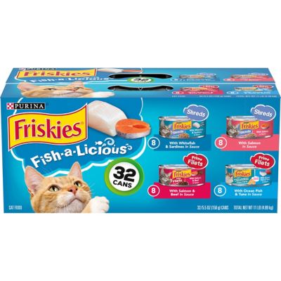 Friskies Tasty Treasures and Fish-A-Licious Adult Seafood and Beef Shreds Wet Cat Food Variety Pack, 5.5 oz. Can, Pack of 32 Cat food seafood