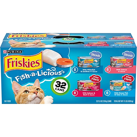 Friskies Tasty Treasures and Fish-A-Licious Adult Seafood and Beef Shreds Wet Cat Food Variety pk., 5.5 oz. Can, Pack of 32