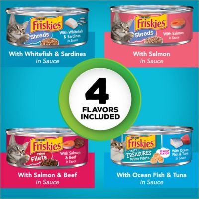 Image showing 5 th Purina Friskies Tasty Treasures and Fish-A-Licious Adult Seafood and Beef Shreds Wet Cat Food Variety Pack, 5.5 oz., 32 Cans