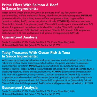 Image showing 6 th Purina Friskies Tasty Treasures and Fish-A-Licious Adult Seafood and Beef Shreds Wet Cat Food Variety Pack, 5.5 oz., 32 Cans