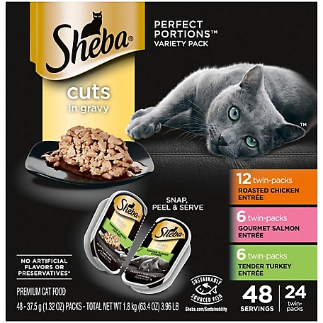 Sheba Wet Cat Food Cuts in Gravy Variety pk., Roasted Chicken, Gourmet Salmon, Tender Turkey, (24) 2.6 oz.