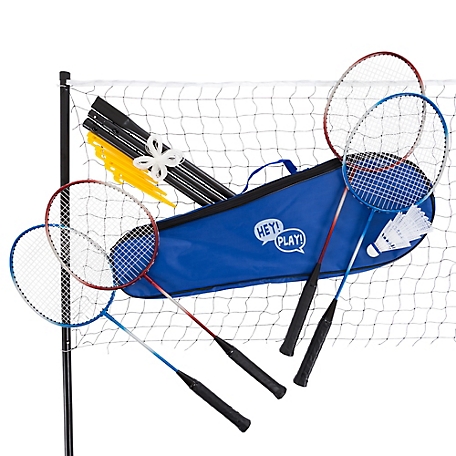 Hey! Play! Badminton Set Complete Outdoor Yard Game with 4 Racquets, Net with Poles, 3 Shuttlecocks and Carrying Case