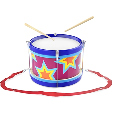 Hey! Play! Double-Sided Toy Marching Drum with Adjustable Strap and 2 Wooden Drum Sticks, 8.5 in. x 8.5 in. x 6 in.
