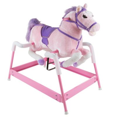 Happy Trails Spring Rocking Horse Plush Ride-On Toy with Adjustable Foot Stirrups and Sounds, Pink